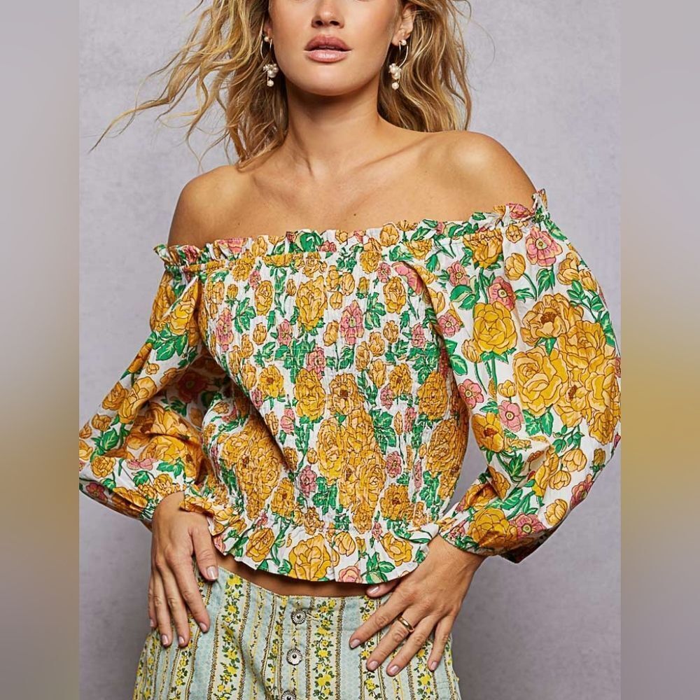 POL Women's Casual Smocked Floral Off-Shoulder Puff Sleeve Top in Yellow sz Smal - Picture 3 of 8